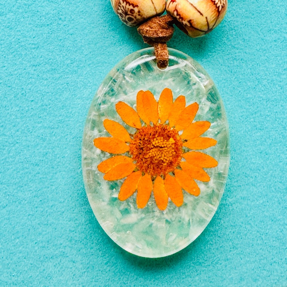 Orange Daisy Floral Selenite Healing Crystal Pendant Wooden Beaded Necklace
